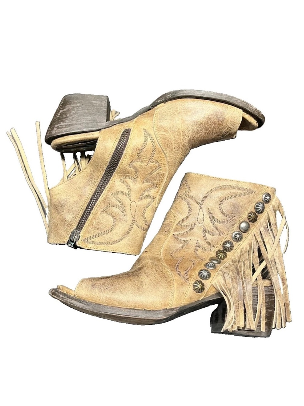 RARE Double D Ranch Taupe Fringed Open-Toed Booties, 8